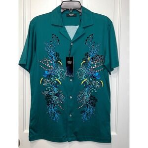 Murano Liquid Luxury Slim Fit Shirt Shape of Water Teal Coral Print Mens M NWT
